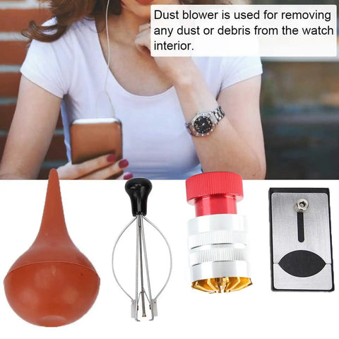 All Metal Watch Crystal Remover Set With Dust Blower Pump Pocket Tool Hand Press Lifter And Puller Plunger kit components