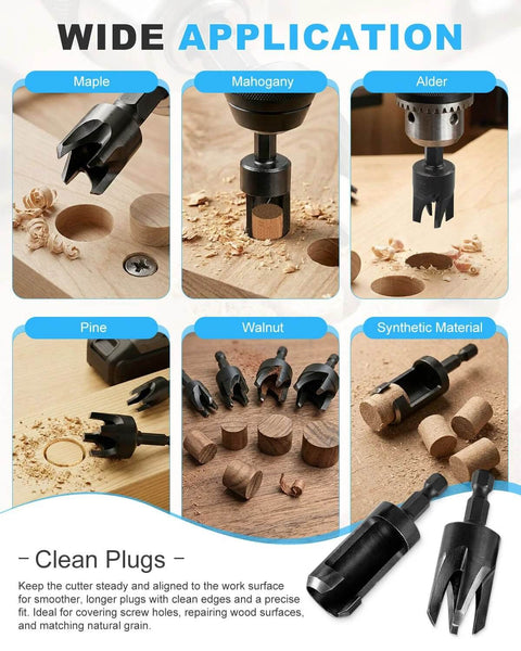 Rocaris 8-pack wood plug cutter drill bit set, straight and tapered, sizes 1/4, 3/8, 1/2, 5/8 in, hex shank, black