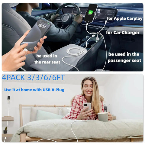 CarPlay USB C Cable For iPhone 17 16 15 Charger Cord 3Ft 6Ft USB A To USB C Fast Charge Cable in car and home use