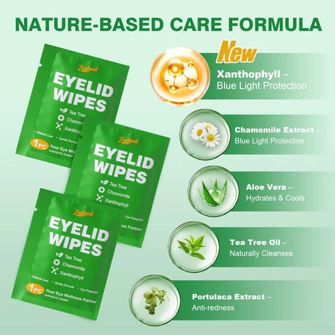 3-pack Zeepod Eyelid Wipes, green packaging, individually wrapped for eyelid cleansing