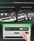 User operating Automatic Vacuum Sealer For Food With Hands Free Operation And Built In Cutter And Roll Storage, highlighting manual seal options.