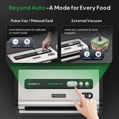 User operating Automatic Vacuum Sealer For Food With Hands Free Operation And Built In Cutter And Roll Storage, highlighting manual seal options.