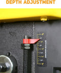 Heavy Duty 8 Inch Benchtop Drill Press With Five Speed Settings And One Third Horsepower Motor depth adjustment scale with red lever and markings.