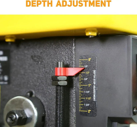 Heavy Duty 8 Inch Benchtop Drill Press With Five Speed Settings And One Third Horsepower Motor depth adjustment scale with red lever and markings.