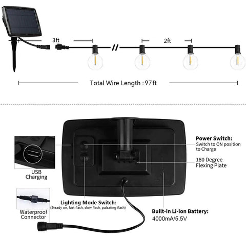 Diagram showing Solar String Lights Outdoor 97ft With 48 Shatterproof G40 LED Bulbs Waterproof Patio String Lights components and features