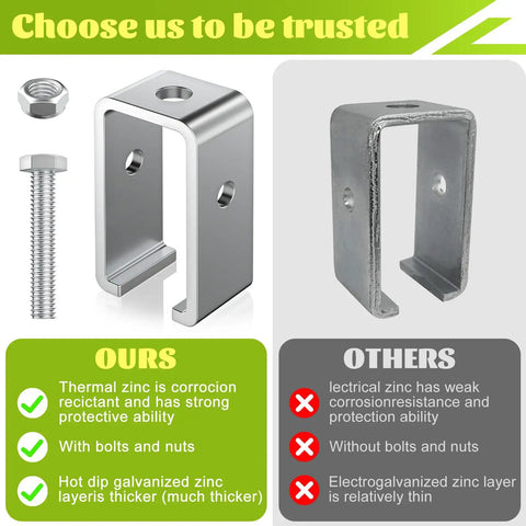 Comparison of heavy duty galvanized steel strut channel hanger bracket with bolt and nut included, showing corrosion resistance.