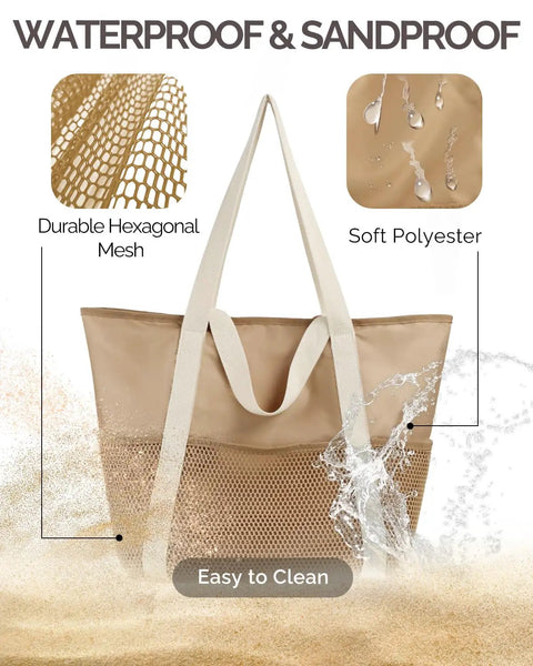 Mesh Beach Bag With Dry Wet Separation showing water-resistant polyester and durable hexagonal mesh design