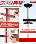 Foldable Boss Level Cabinet Hardware Jig With Pro Carpenter Pencil, Adjustable Drawer Pull And Door Hinge Template, Heavy Duty Aluminum Drill Guide demonstrating its anti-slip clamp and measurement system.