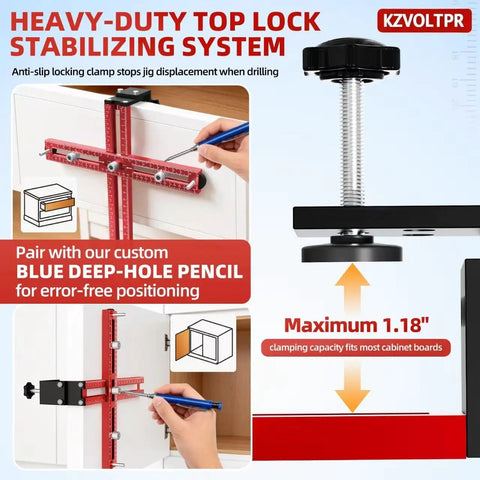 Foldable Boss Level Cabinet Hardware Jig With Pro Carpenter Pencil, Adjustable Drawer Pull And Door Hinge Template, Heavy Duty Aluminum Drill Guide demonstrating its anti-slip clamp and measurement system.