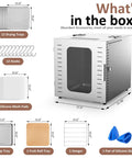 Heavy Duty Commercial Food Dehydrator With Twelve Roomy Trays, complete accessory set including trays, hooks, and mats.