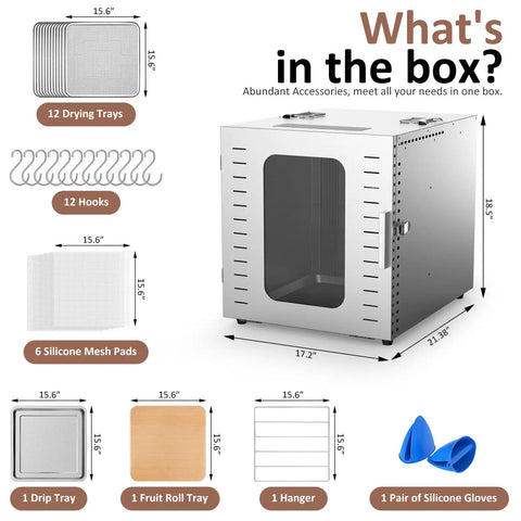Heavy Duty Commercial Food Dehydrator With Twelve Roomy Trays, complete accessory set including trays, hooks, and mats.
