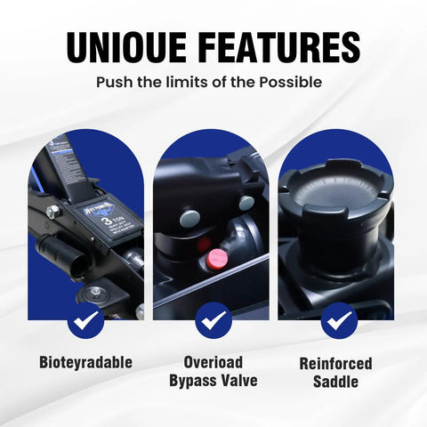 Three close-up views of Beefy 3 Ton Low Profile Floor Jack For SUVs And Cars With Wheels Fast Lift Hydraulic Jack features.