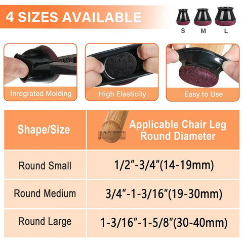 Stretchy Chair Leg Floor Protectors With Felt Bottoms And Silicone Caps For Hardwood Floors, No Scratch, Noise Reduction, Secure Fit For Round Chair Legs 3/4 To 1-3/16 Inches, 16 Pack Black