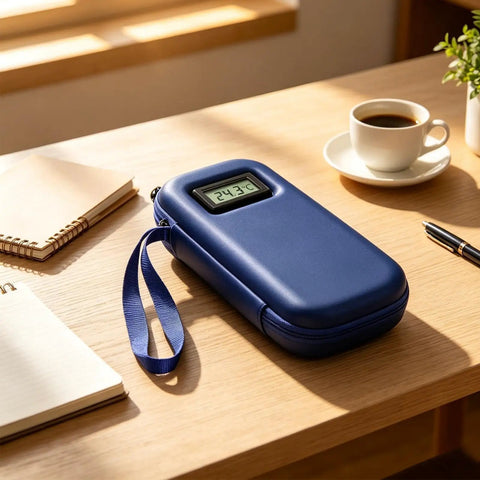 Cooler Travel Case With Digital Temperature Display On The Go Compact Insulated Bag Measuring 22 By 10 By 6 Cm on a desk