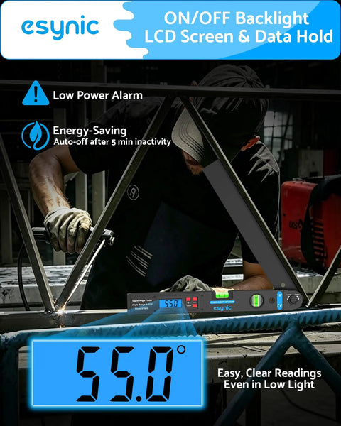 Flat Out Precise 16 Inch Digital Angle Finder Crafted From Durable Aluminum Alloy Featuring An Easy Read Scale Built For Woodworking And Cabinetry When You Gonna Strike Exactly Where It Counts in use showing angle readings.