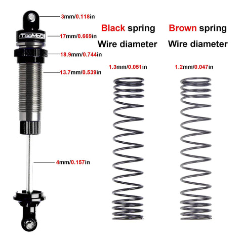 88mm RC Oil Shock Absorber Damper With Progressive Springs Set For Traxxas 1/16 Monster Trucks, black and brown springs