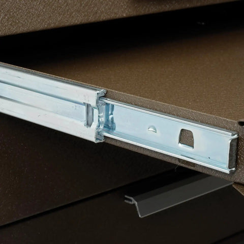 Close-up of brown wrinkle finish drawer with ball bearing slides in 7-Drawer Rolling Tool Cabinet On Wheels With Chest.