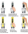 Steps to use the 4 In 1 PH Meter TDS EC Temperature Tester for water testing, showing calibration and measurement in glasses of water.