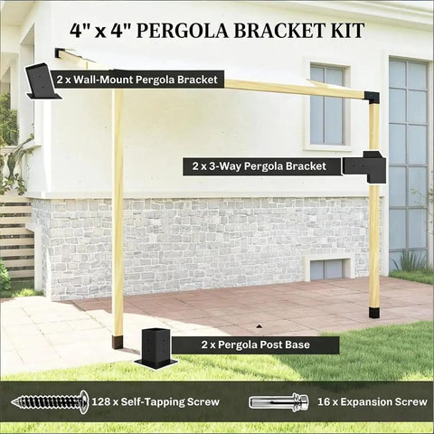 DIY Slanted Roof Pergola Bracket Kit With Post Bases And Wall Mounts, All In One Powder Coated Pergola Hardware For Porch Gazebo Backyard, 15 Degree Roof Design, Garden Pergola Kit