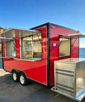 13 Foot Red Fiberglass Food Truck Fully Loaded Mobile Kitchen With Commercial Grade Prep Tables Built In Cooking Gear Street Ready Catering Rig viewed from the side with a stainless steel unit.