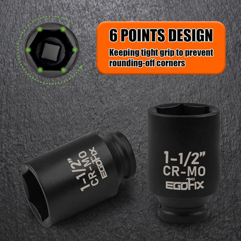 One And A Half Inch Deep Impact Socket Half Inch Drive Workhorse Chrome Moly Six Point Axle Nut Tool showing 6 point design