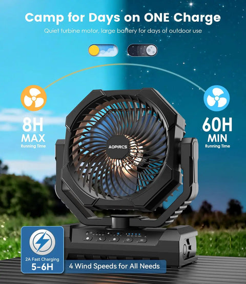 Rechargeable Camping Fan With 60 Hour Battery, 4 Speeds, 3 Light Modes, Timer And Sleep Mode, Portable Tent Fan With Hook