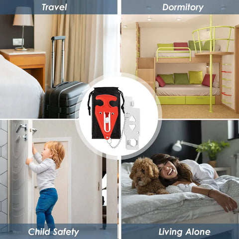 Travel Safe Portable Door Lock For Hotels And Rentals Universal L Shaped Door Lock Latch shown in travel and home scenarios