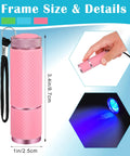 Pink flashlight from a Three Pack Ultraviolet Black Light Flashlights 395nm With 9 LED UV Beams For Pet Urine Detection, showing dimensions.