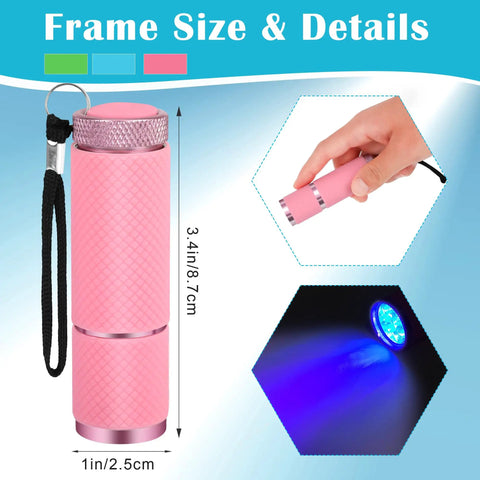 Pink flashlight from a Three Pack Ultraviolet Black Light Flashlights 395nm With 9 LED UV Beams For Pet Urine Detection, showing dimensions.