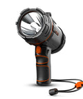 Image of 2000 Lumen Marine Spotlight Waterproof Rechargeable Handheld Flashlight For Boats With IP67 Rating Floats For Easy Use Includes 100V 240V Home Adapter Portable Boat Spotlight, showing the front angle with ergonomic design and attached strap.