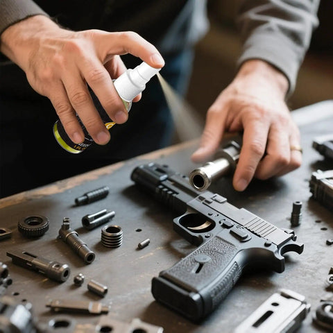 Person using All In One Gun Lube And Cleaner Kit with two oz and one oz needle oiler on disassembled firearm parts for maintenance