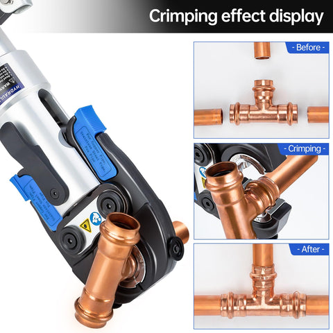 Portable Hydraulic Copper Pipe Crimping Tool With 1/2 3/4 And 1 Inch Jaw Sets, 350 Degree Rotatable Head For Narrow Spaces And Tee Fittings