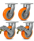 Ultra Heavy Duty 6x2 Inch Casters Kingpinless Crowned Polyurethane Wheels Aluminum Core shown in a set of four with locking feature.