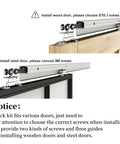Six Foot Sliding Barn Door Track Kit With Aluminium Box Rail Wall Mounted Hidden Hardware shown on wood and steel doors