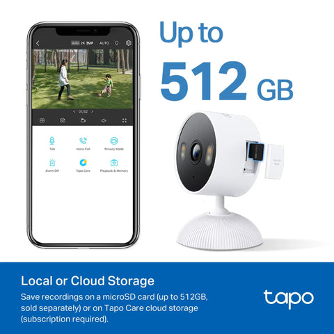 2K Indoor Outdoor Wired Security Camera Kit For Dope Home Surveillance With Baby Monitor And Pet Cam Person And Motion Detection Baby Cry Alerts 2 Way Audio Siren Local SD Storage Or Optional Cloud 2 Pack next to a smartphone showing surveillance footage.