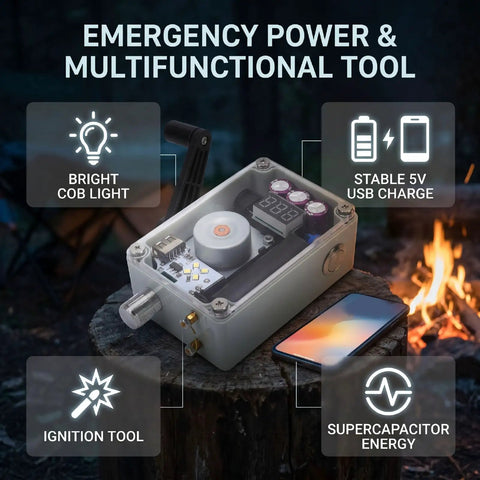 Hand Crank Generator 5-In-1 Survival Tool for Off-Grid Power on a log, with icons for USB charging and ignition, against a campfire