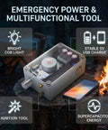 5 In 1 Hand Crank Generator With USB Charging, High Brightness LED Light, Built In Ignition Tool, And Red LCD Display on a stump