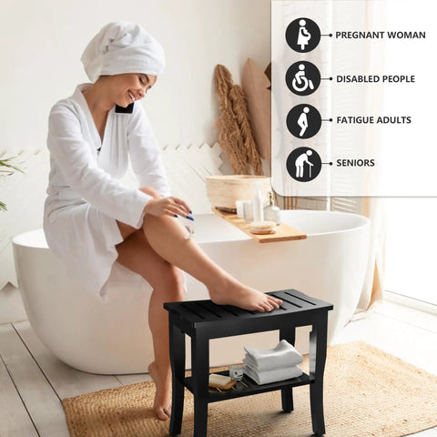 Waterproof Bamboo Shower Bench And Stool With Storage Shelf For Inside Shower Black Your Bathroom Sidekick Sturdy Anti Slip Seat Supports Up To 300 Lbs And Cleans Easy For Wet Zones next to a bathtub