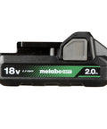 Side view of 18V 2.0Ah Lithium Ion Battery with Fuel Gauge for power tools, lightweight slide type pack at about 0.84 lb, black plastic casing.