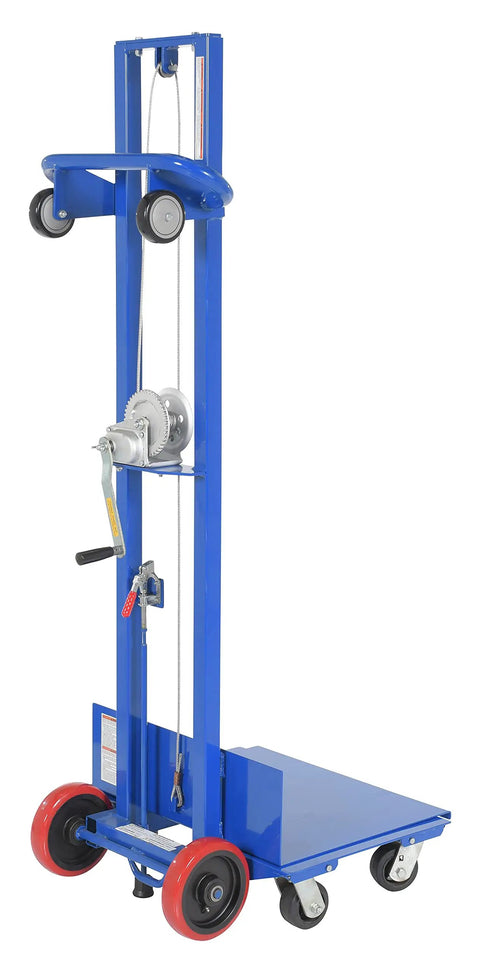 Badass Workhorse Steel Load Lift Platform With Winch And Swivel Casters 24 By 20 Inch Deck 400 Pound Capacity Manual Floor Jack For Tough Job Site Projects Blue featuring a hand winch and red wheels.