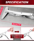 Side view of AMGSH 10-inch locking sheet metal clamp; adjustable 0–50 mm range, silver steel.