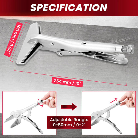 Side view of AMGSH 10-inch locking sheet metal clamp; adjustable 0–50 mm range, silver steel.