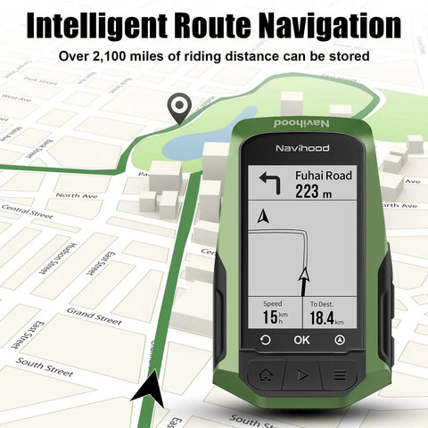 Navihood L1 GPS Bike Computer With Offline Maps showing route navigation on 2.6 inch LCD screen against city map background.