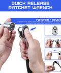 Close-up of quick release ratchet from 146 Piece Metric Home Tool Kit Set With Portable Toolbox For Homeowners, Diyers, And Handymen