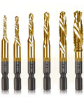 Six Pack Titanium Drill And Tap Bit Set With Countersink for One Tool Drilling and Tapping, with SAE sizes, shown in a row