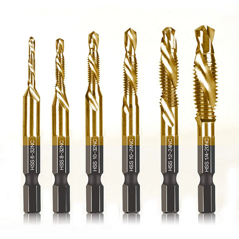 Six Pack Titanium Drill And Tap Bit Set With Countersink for One Tool Drilling and Tapping, with SAE sizes, shown in a row