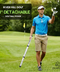 Man using Golf Ball Retriever And Picker Upper Tube With Carry Bag For No Bending Upright Pickup on golf course.