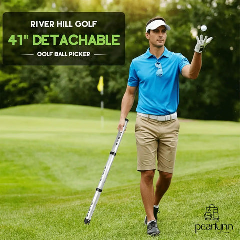 Man using Golf Ball Retriever And Picker Upper Tube With Carry Bag For No Bending Upright Pickup on golf course.