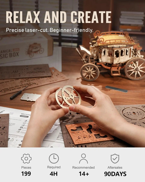 Stagecoach 3D Wooden Puzzle Kit For Adults Wind Up Music Box DIY Model Western Vehicle Craft Project Dope Gift For Ages 14 And Up Hands On Home Display, hands assembling wooden wheels