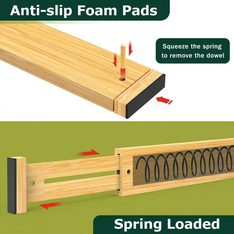 Knockout Premium Bamboo Drawer Dividers Six Pack showing anti-slip foam pads and spring-loaded adjustment mechanism.